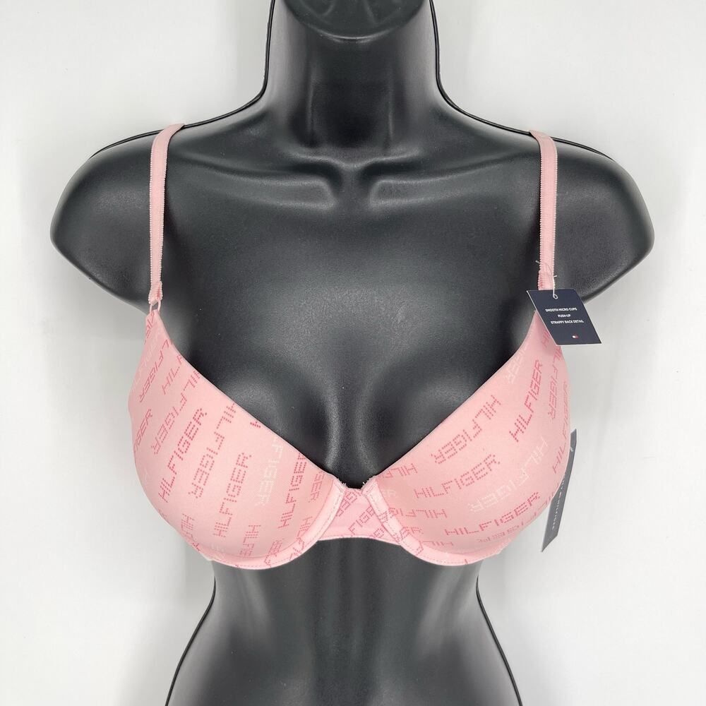 Tommy Hilfiger NEW Micro Pushup Underwire Bra Sz 34C Pink Logo Spellout Padded